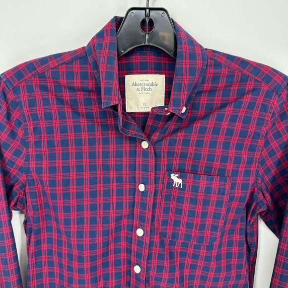 3/$25 Abercrombie & Fitch Plaid Button Down Shirt Top XS Moose Logo Navy Red - Picture 5 of 7